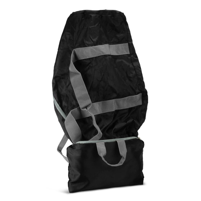 A black foldable duffle bag with grey straps, featuring a compact design and a pliable material.