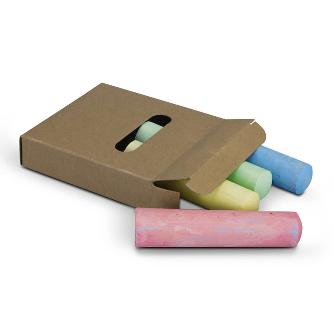 A box of Jumbo Sidewalk Chalk with three large pieces in pink, blue, and green, partially visible from the open packaging.