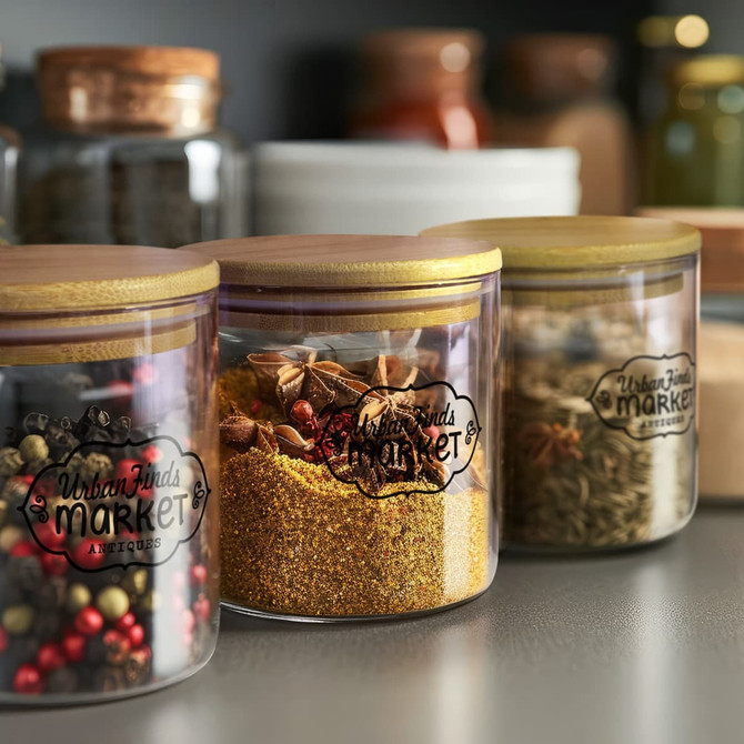 A set of large round storage canisters with transparent bodies and wooden lids, containing various spices and herbs.