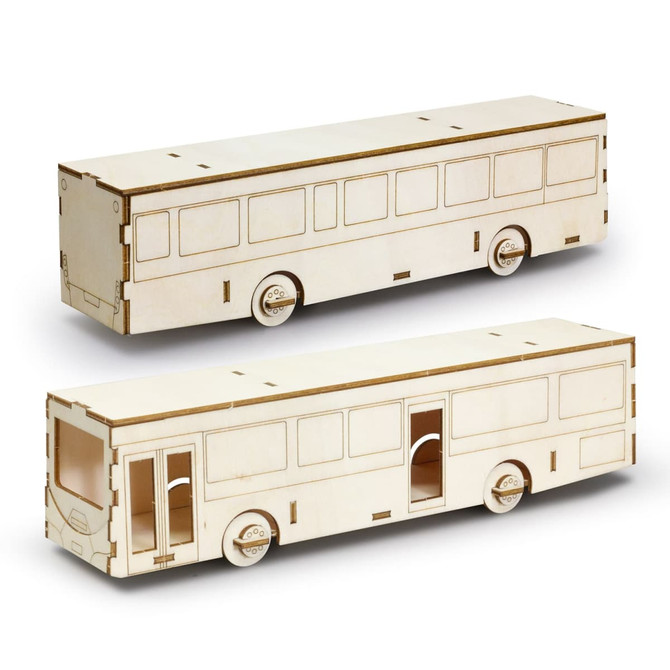 A wooden model of a bus in a natural finish, featuring cut-out windows and wheels, showcasing a sleek design.