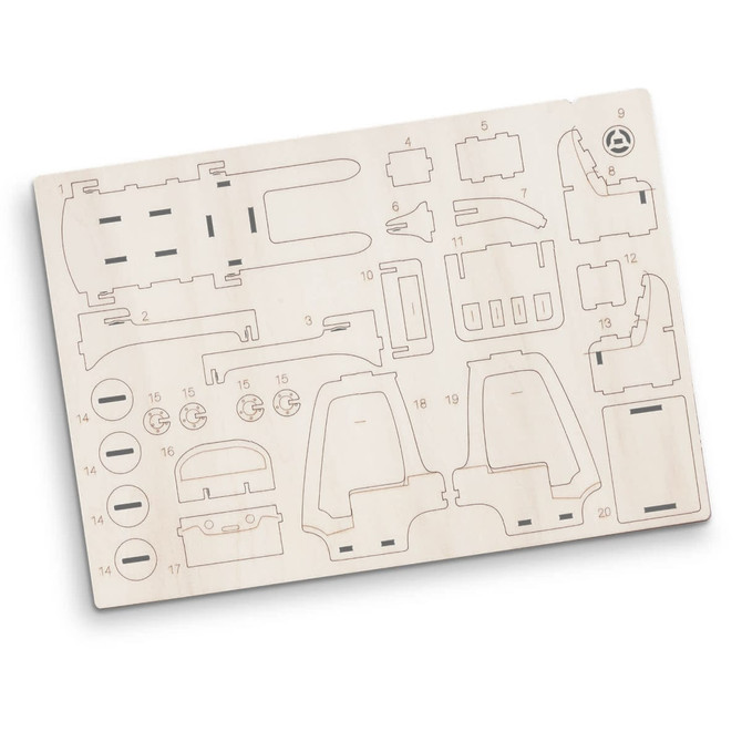A wooden model kit designed for building a forklift, featuring various cut-out pieces in light wood.