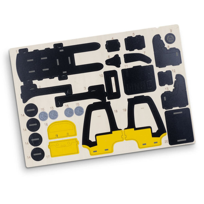 A wooden model kit featuring black and yellow forklift pieces, with various shapes and components on a light background.