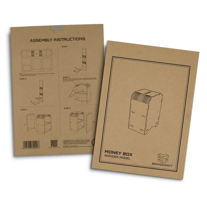 A cardboard packaging featuring assembly instructions for a wooden money box model, with a simple line design and branding.
