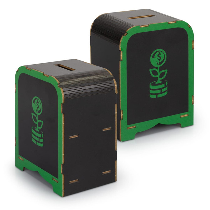 A wooden money box model in black with green accents and a logo featuring a plant growing from a coin.