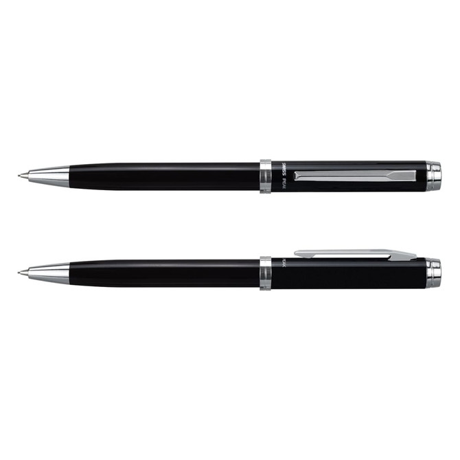 A black pen and pencil set with silver accents and a branding logo. The pen features a smooth finish, while the pencil has a textured grip.