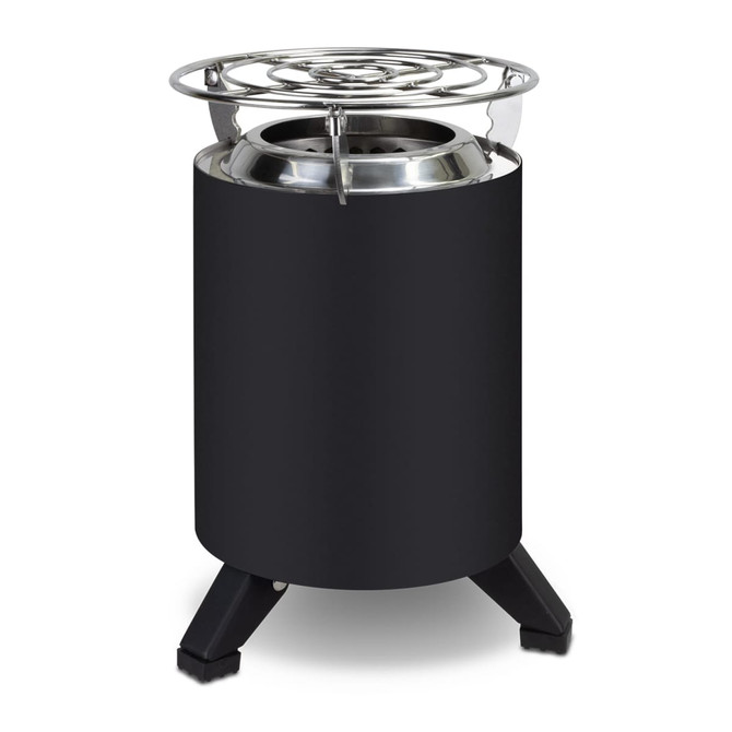 A black campfire cooker with a stainless steel top and three sturdy legs. It has a branding logo on the side.