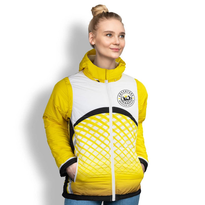 A puffer jacket in yellow and white, featuring a geometric design and a hood, with a branded logo on the chest.