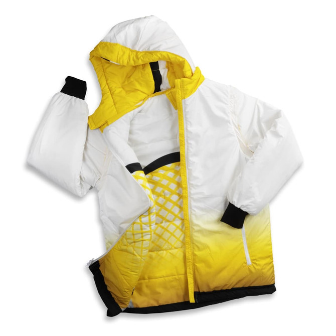 A custom reversible puffer jacket in white and yellow, featuring a hood and a sleek design.