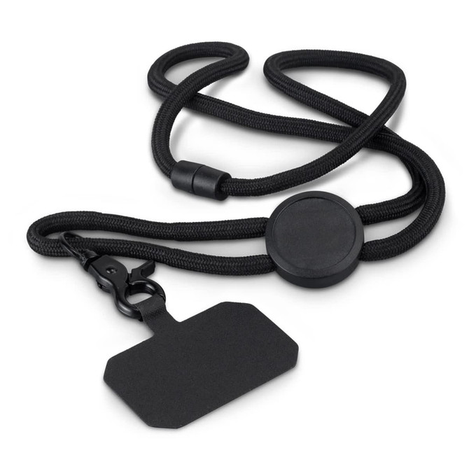 A black Roam Phone Lanyard with a detachable hook and a flat tag for identification or accessories.