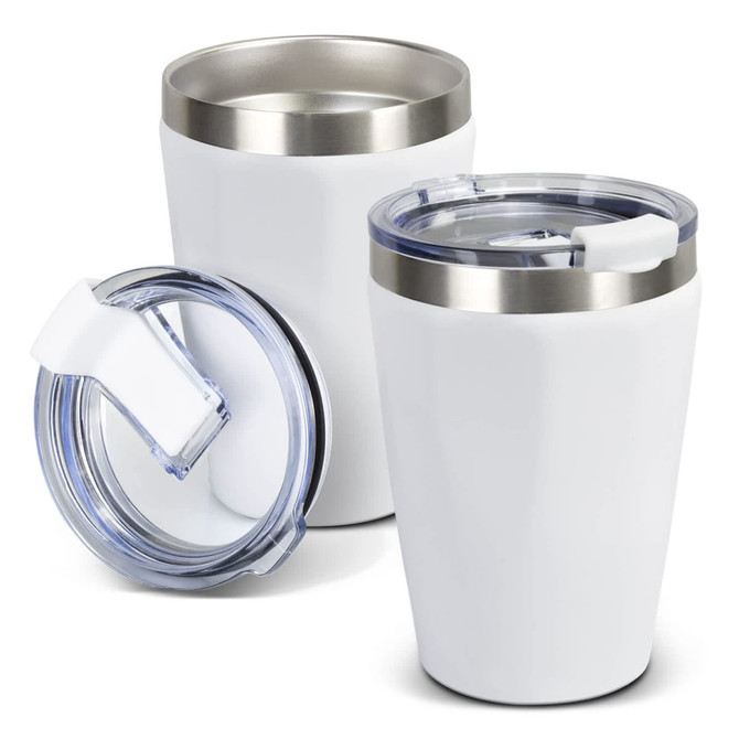 A drink bottle featuring a sleek white exterior and stainless steel trim, with a clear lid.