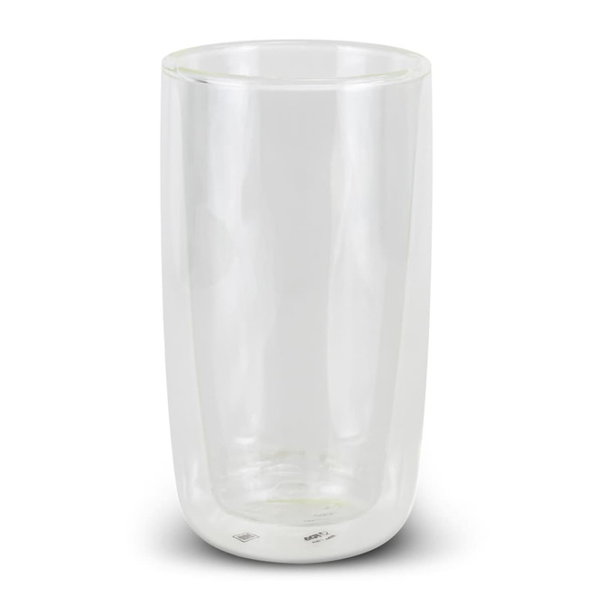 A double wall glass with a clear design, holding 330ml, featuring a subtle branding logo.