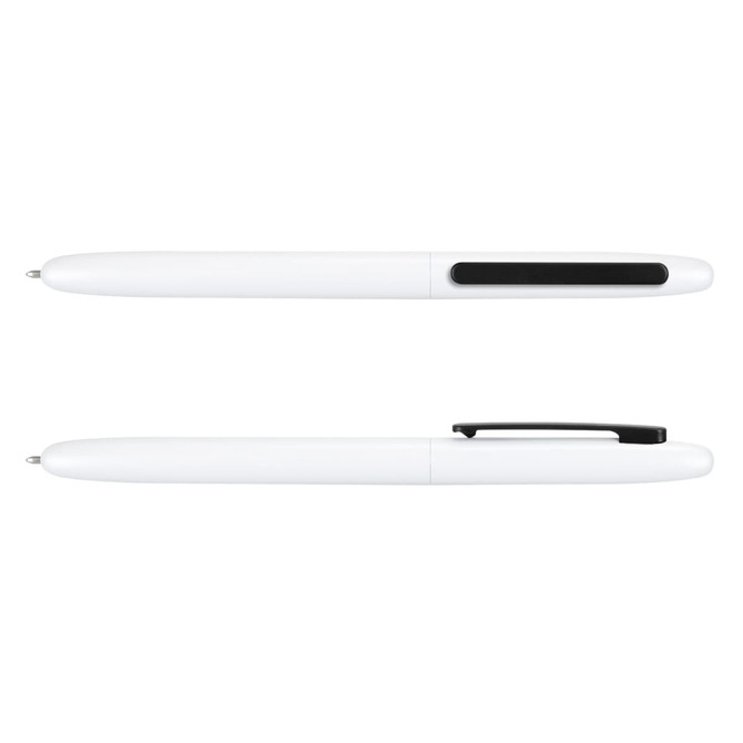 A white metal pen with a black clip and a smooth finish, featuring a logo on its body.