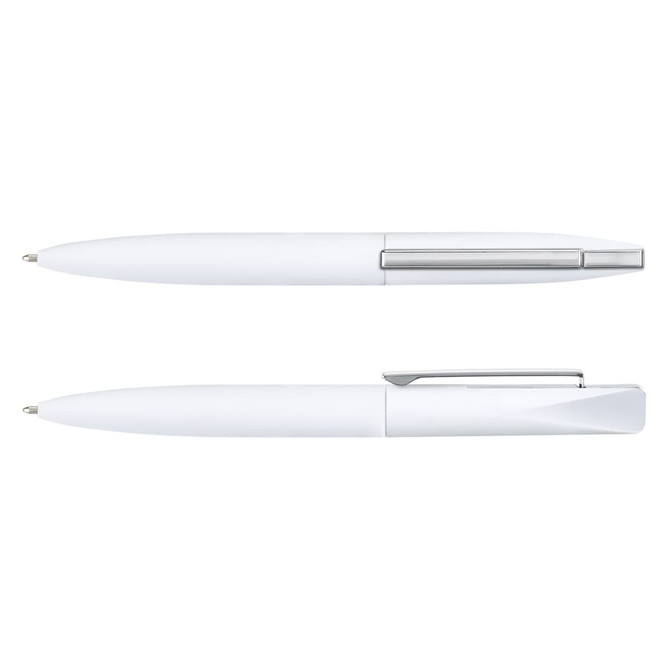 A collection of two white metal pens with silver accents and a branding logo.