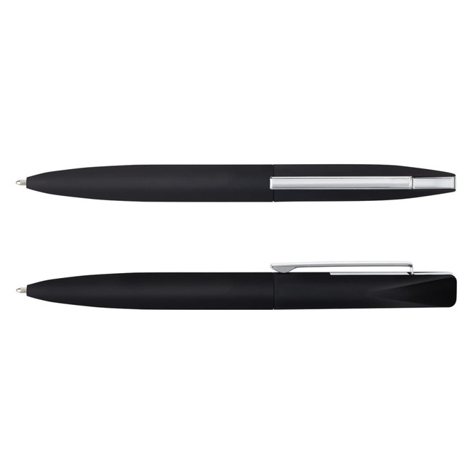 A sleek black metal pen with a chrome clip and detailing, featuring a minimalist design and a logo.