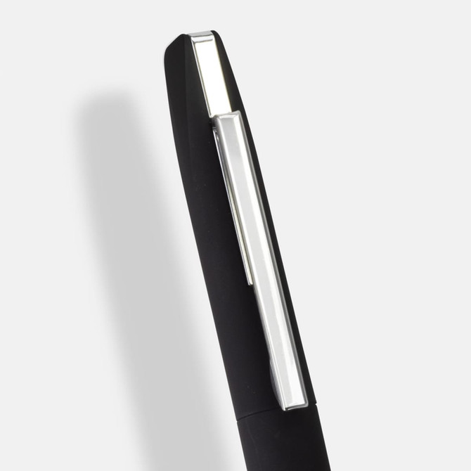 A black metal pen with a silver clip, featuring a sleek design and a logo on the body.