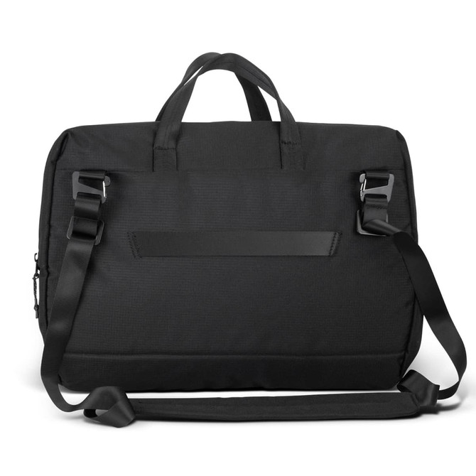 A black laptop bag with a padded exterior, dual top handles, and an adjustable shoulder strap. It features a logo.