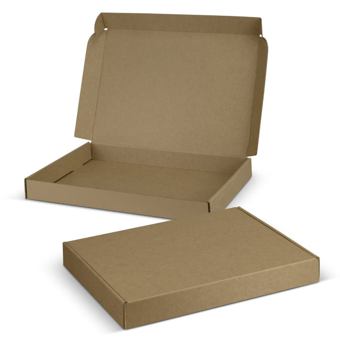 A die cut box with a locking lid in a plain brown colour, featuring an open lid and a closed box.