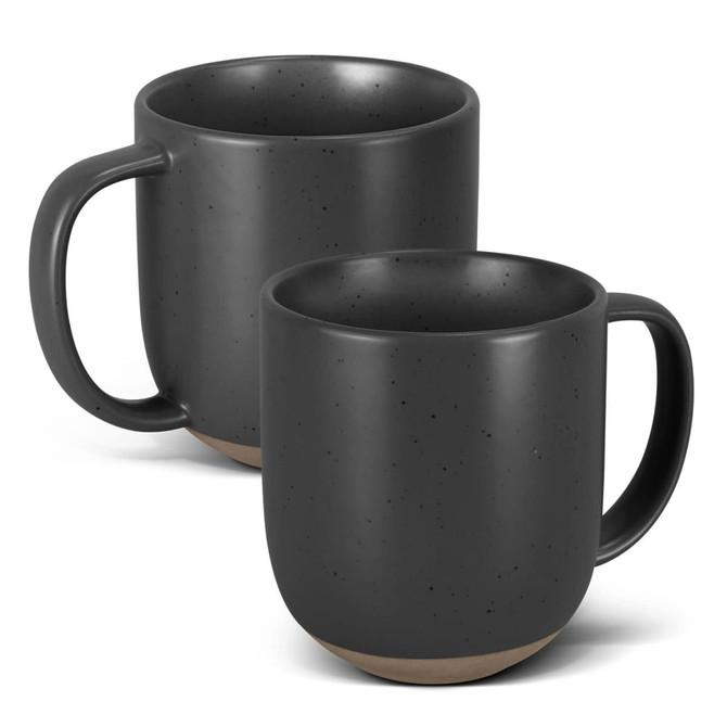 A set of two dark grey ceramic mugs with a textured finish and a contrasting base. Each mug has a handle and a logo.