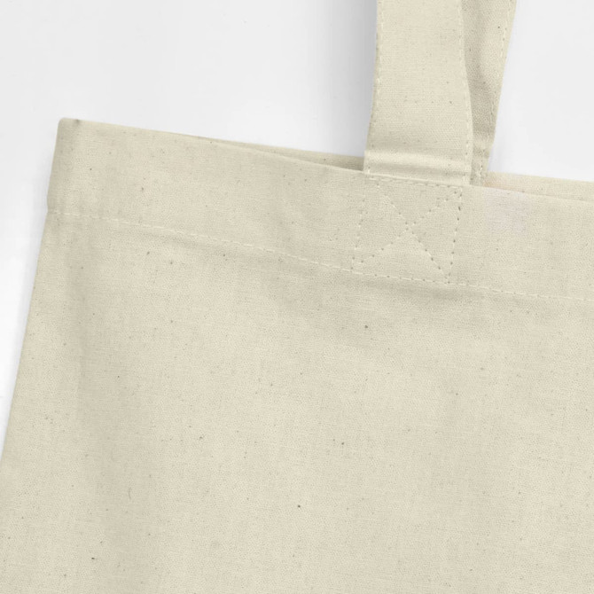 A recycled cotton tote bag in a light beige colour with sturdy shoulder straps and visible stitching details.