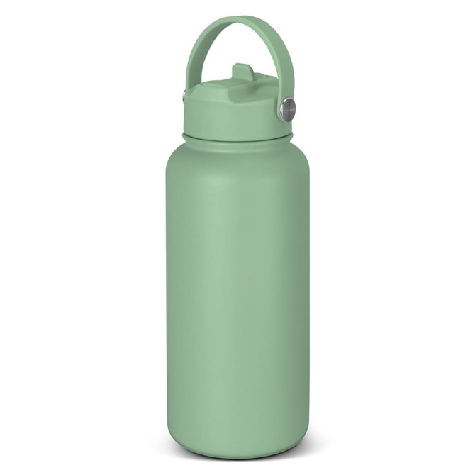 A drink bottle in a soft green colour with a screw top lid and carrying handle. It features a logo on the side.