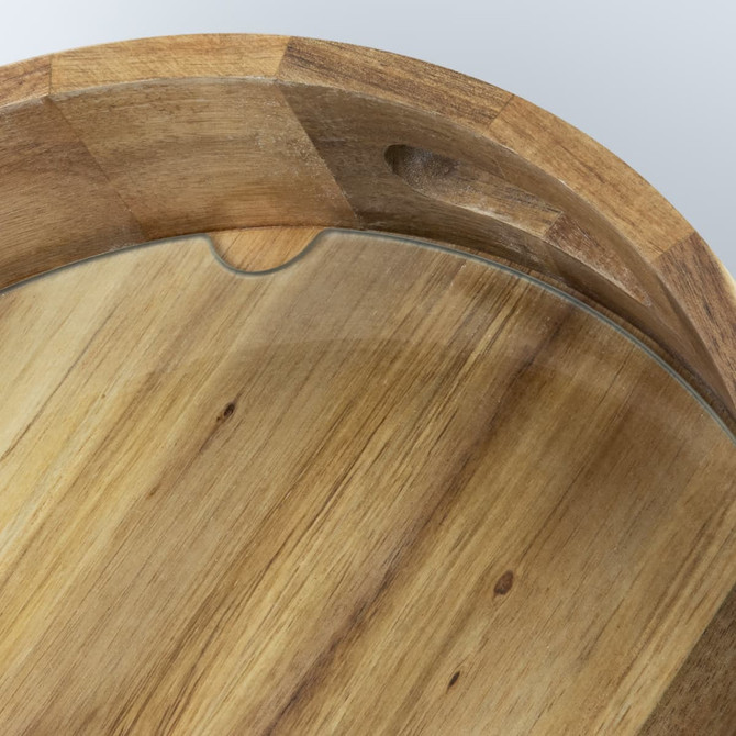 A wooden platter tray featuring a glass top, showcasing a warm, natural finish and a smooth surface.