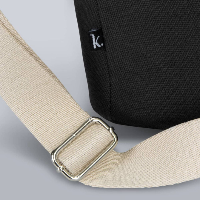 A black wine cooler bag with a beige strap and a small logo tag displayed on the side.