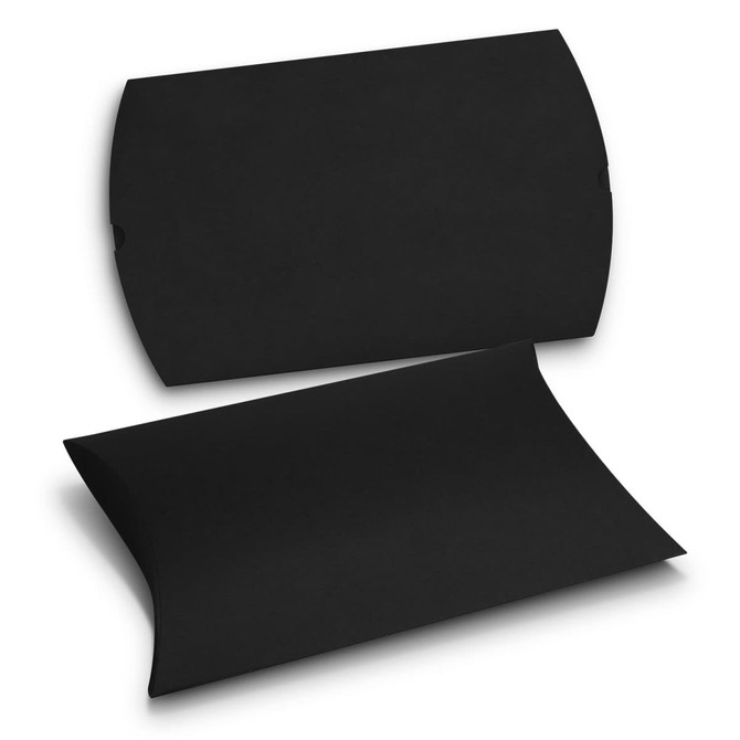 A large black pillow box with a curved design, featuring a smooth finish and a logo.