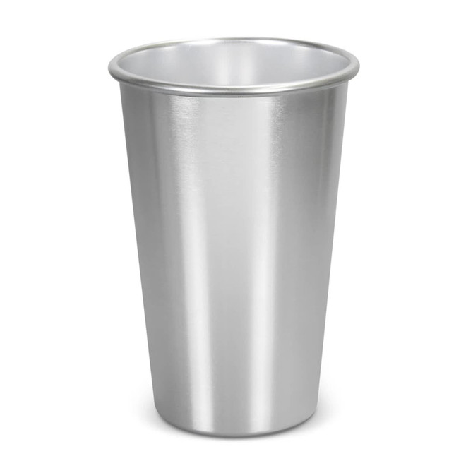 A drink cup in metallic silver with a smooth finish and a branding logo. Suitable for various beverages.