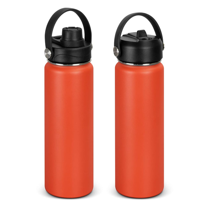 A drink bottle in a bright orange colour with a black lid and handle, featuring a logo.