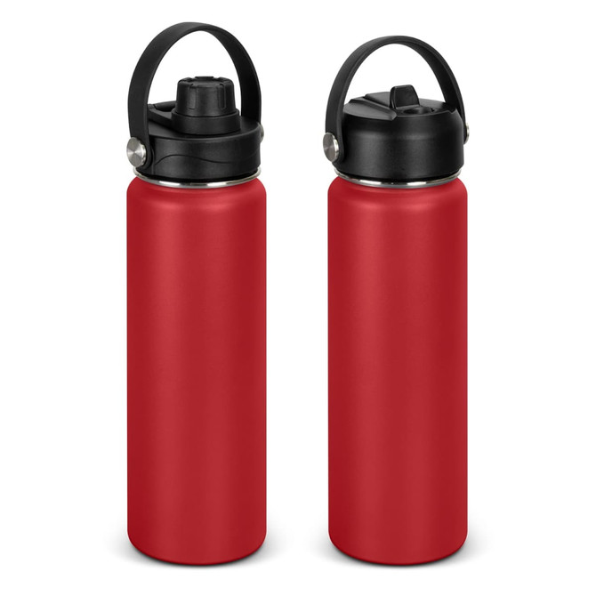 A drink bottle in vibrant red with a black lid and handle, featuring a sleek, matte finish on its body.