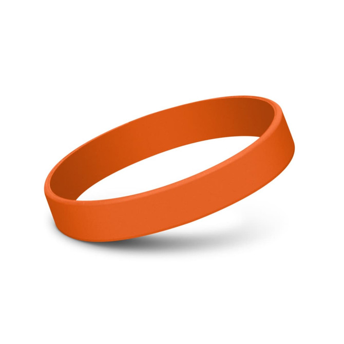 An orange silicone wristband displayed on a white background, featuring a smooth, rounded design.