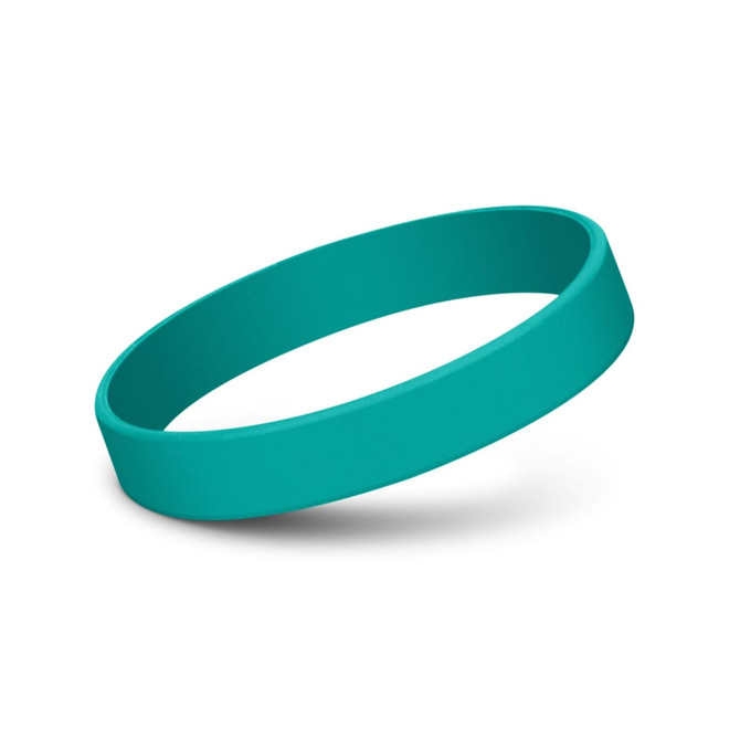 A teal silicone wristband with a smooth, debossed surface and a simple design.