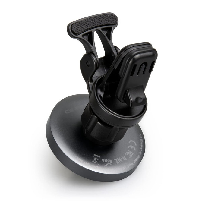 A wireless car charger in black with a suction mount for vehicle use, featuring an adjustable holder.