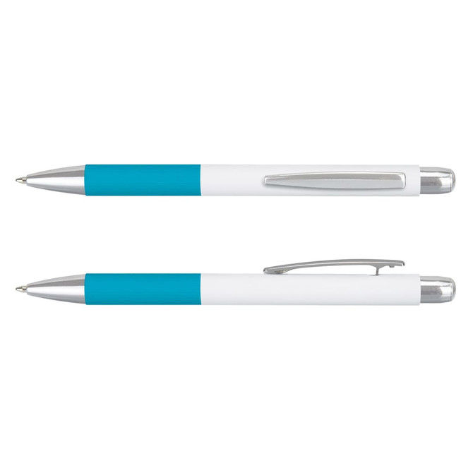 A metal pen duo featuring a turquoise grip and silver accents, with a sleek white barrel and a logo.
