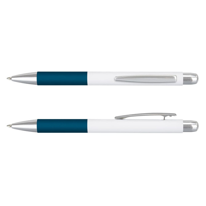 A metal pen with a blue and white design, featuring a silver clip and trim. It has branding on its body.