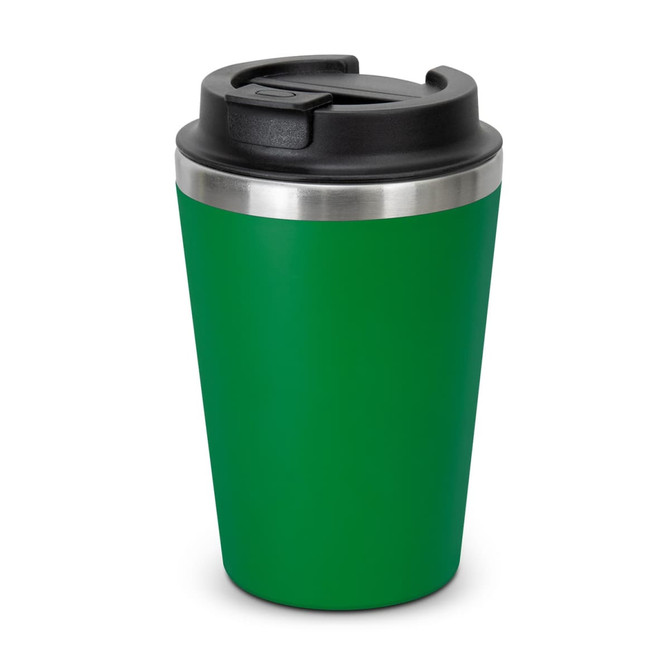 A green coffee cup with a stainless steel band and a black lid. It features a sealed top for easy drinking.