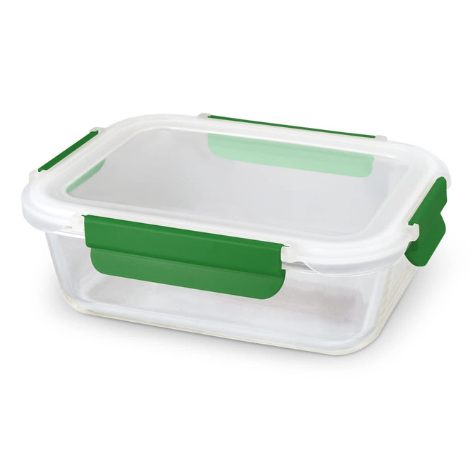 A glass lunch box with a clear body and green silicone clips, featuring a fitted lid for secure closure.