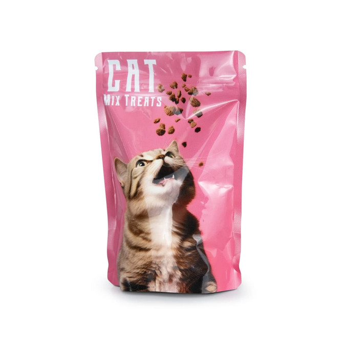 A pink foil stand-up pouch with a cat graphic, containing mix treats for cats. Features a logo on the pouch.