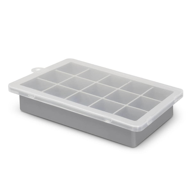 A grey ice tray with a clear lid, featuring twelve compartments for making ice cubes.