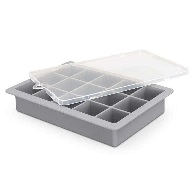 A grey ice tray with a clear lid featuring nine sections for ice cubes.
