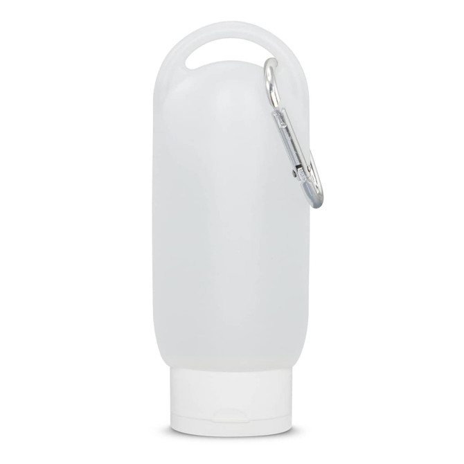 A translucent white gel hand sanitiser bottle with a carabiner clip attached.