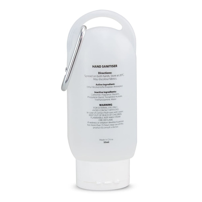 A gel hand sanitiser in a clear 55ml bottle with a clip, featuring a white design and a logo.