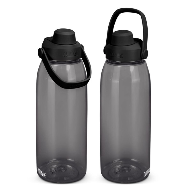 A drink bottle with a sleek, grey design, featuring a black lid and handle. It has a logo on the side.