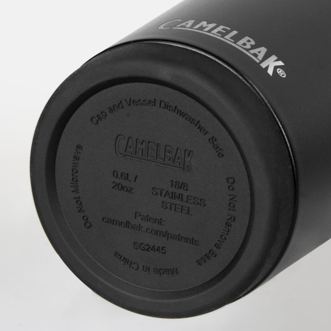 A drink bottle with a black exterior, featuring a stainless steel base and an engraved logo. 