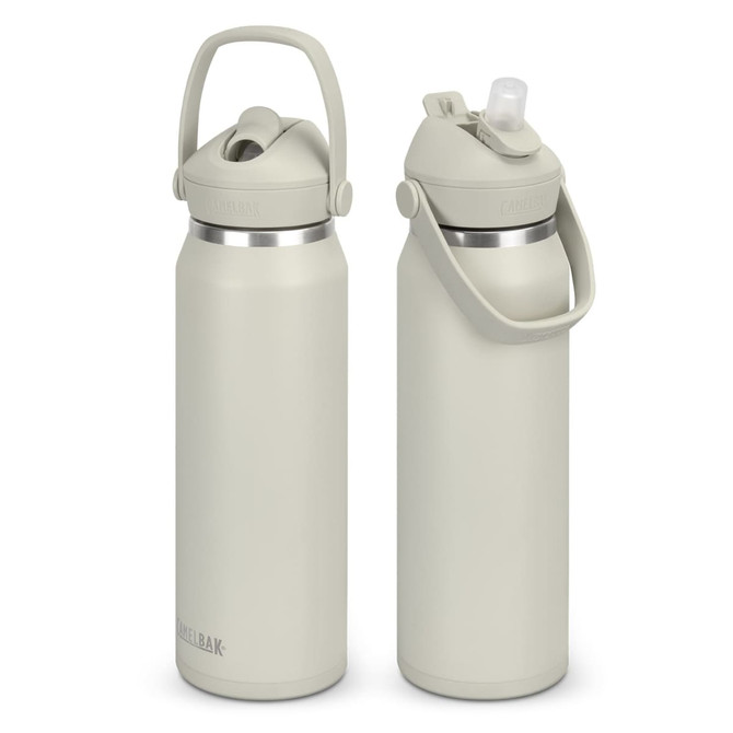 A drink bottle in light grey with a flip straw and handle, featuring a logo on the side.