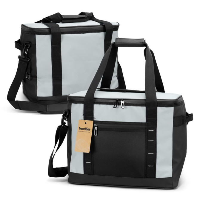 A cooler bag in light blue and black, featuring a shoulder strap, handles, and zippered compartments.