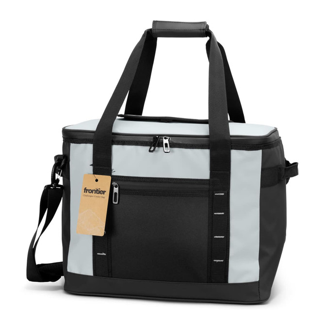 A cooler bag in light blue and black with a zippered main compartment and a front pocket. It has dual handles and a shoulder strap.