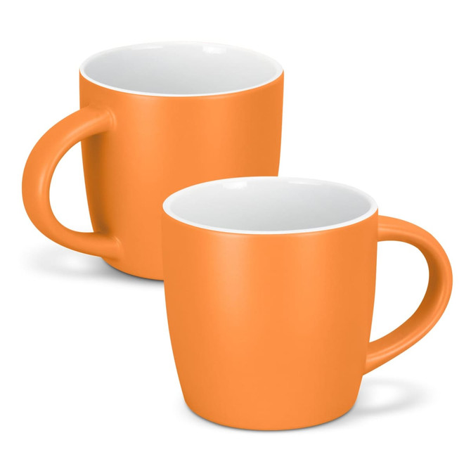 A set of two orange coffee mugs with smooth finishes and white interiors, featuring a logo on one.