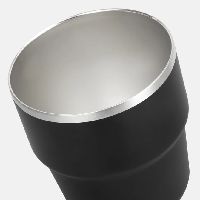 A stackable drinkware cup in matte black with a shiny silver rim, part of a set of two.