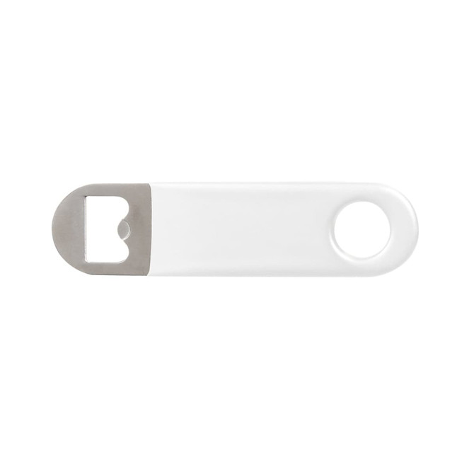 A drink bottle opener in white with a stainless steel end and a circular hole for easy handling.